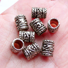 Silver Tube Beads with Scroll Pattern | Dread Jewellery | European Beads | Large Hole Beads | Dreadlock Beads | Bohemian Charm Bracelet Making (8pcs / Tibetan Silver / 7mm x 9mm)