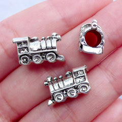 Steam Locomotive Train Beads | 3D Vehicle Beads | Silver Large Hole Beads | European Focal Bead | Rail Transport Jewelry (3pcs / Tibetan Silver / 15mm x 10mm / 2 Sided)