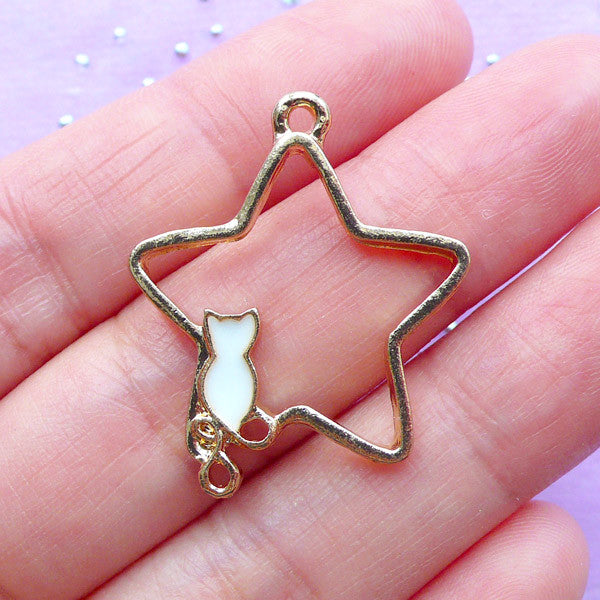 CLEARANCE Star and Kitty Open Bezel Pendant | Kawaii UV Resin Charm | Mahou Kei Jewelry Making | Cute Deco Frame (1 piece / Gold & White / 24mm x 29mm)