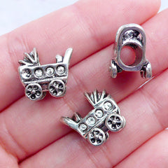 3D Baby Stroller Beads | Silver Baby Carriage Beads | Baby Pram Bead | Big Hole Focal Beads | European Charm Bracelet | Gift for New Mom (3pcs / Tibetan Silver / 14mm x 13mm / 2 Sided)