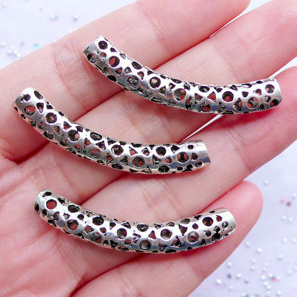 Curved Tube Beads Long Metal Tube Bead with Round Hollow Pattern