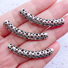Curved Tube Beads | Long Metal Tube Bead with Round Hollow Pattern | Silver Noodle Beads | Leather Necklace & Bracelet Making (3pcs / Tibetan Silver / 6mm x 41mm)