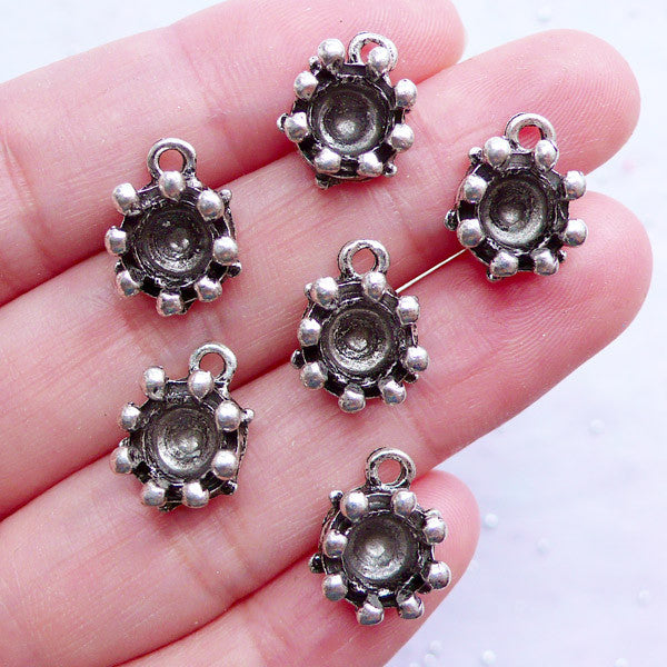 Small Crown Bezel Cup Charms | Silver Crown Drops | 6mm Bezel Tray | Tiny Mini Cabochon Setting | Jewelry Supplies (6pcs / Tibetan Silver / 10mm x 14mm)