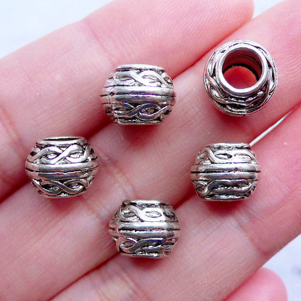 Barrel Drum Beads with Infinity Twist Pattern, Silver Spacer Beads, MiniatureSweet, Kawaii Resin Crafts, Decoden Cabochons Supplies