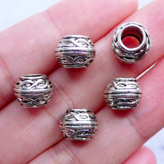 Barrel Drum Beads with Infinity Twist Pattern | Silver Spacer Beads | Big Hole Beads | European Beads | Bohemian Bracelet DIY | Boho Jewellery Making (5pcs / Tibetan Silver / 10mm x 8mm)