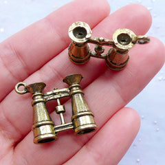 Miniature Binoculars Charms in 3D | Vintage Field Glasses Pendant | Antique Binocular Telescopes Charm | Galilean Binoculars Charm | Zakka Jewellery Making (2pcs / Antique Gold / 23mm x 21mm / 2 Sided)