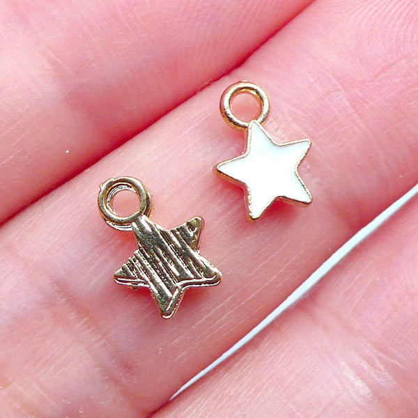 Mini Star Charms | Enameled Star Charm | Enamel Pendant | Tiny Star Drops | Kawaii Planner Charm | Pastel Kei Jewellery Making (5pcs / Gold & White /