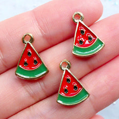 Kawaii Watermelon Charms | Enameled Food Pendant | Cute Fruit Charm | Enamel Planner Charm | Colored Charm | Summer Jewellery DIY (3pcs / Gold / 11mm x 15mm)