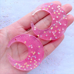 CLEARANCE Kawaii Moon Charms with Star Confetti and Glitter | Glittery Resin Moon Pendant | Cute Fairykei Jewellery | Large Decoden Cabochons | Chunky Necklace & Earrings DIY (2 pcs / Pink / 48mm x 49mm / Flat Back)