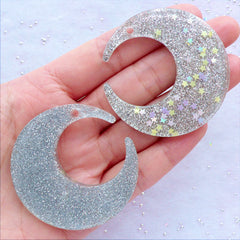 Resin Moon Charms with Glitter and Star Confetti | Kawaii Moon Pendant | Large Moon Cabochons | Glittery Jewellery | Cute Decoden Phone Case | Chunky Earrings Making (2 pcs / Silver / 48mm x 49mm / Flat Back)