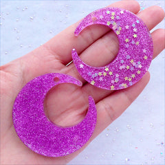 Huge Moon Pendant with Star Confetti and Glitter | Glittery Moon Resin Charms | Kawaii Moon Jewellery | Shimmer Decoden Cabochons | Cell Phone Deco (2 pcs / Purple / 48mm x 49mm / Flat Back)
