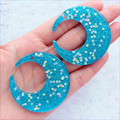CLEARANCE Large Moon Cabochons with Glitter and Star Confetti | Glittery Charms | Shimmer Moon Flatback | Kawaii Resin Pendant | Moon Jewelry | Decoden Crafts | Cell Phone Case Decoration (2 pcs / Blue / 48mm x 49mm / Flat Back)
