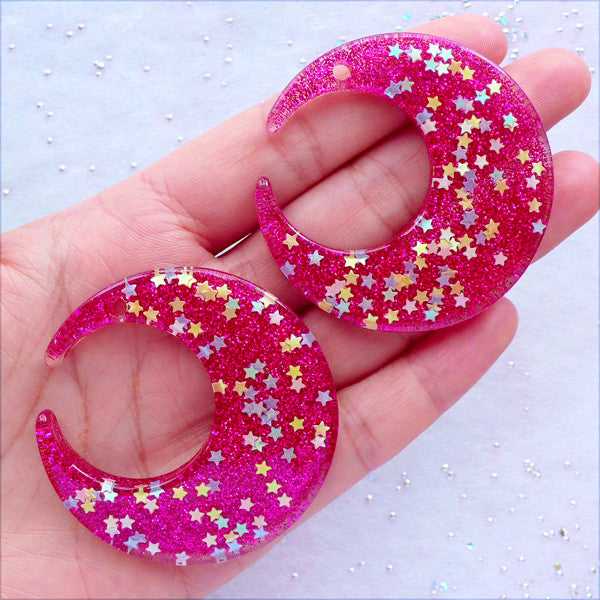CLEARANCE Moon Cabochon Charms with Star Confetti and Glitter | Glittery Pendant | Moon Phone Case Decoden | Kawaii Crafts | Chunky Resin Jewellery Making (2 pcs / Magenta / 48mm x 49mm / Flat Back)