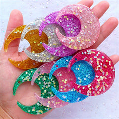 Kawaii Charms | Huge Moon Cabochon Pendant with Star Confetti and Glitter | Glittery Resin Pieces | Moon Embellishments | Mahou Kei Phone Case Decoden Supplies (8 pcs / Assorted Color Mix / 48mm x 49mm / Flat Back)