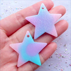 Pastel Galaxy Gradient Star Cabochon Charms with Shimmer Glitter | Glittery Star Pendant | Kawaii Pastel Kei Phone Case | Decoden Craft Supplies | Fairy Kei Jewellery DIY (2 pcs / Pink Blue Purple / 38mm x 36mm / Flat Back)