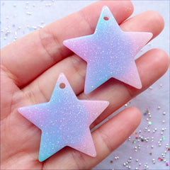 Pastel Galaxy Gradient Star Cabochon Charms with Shimmer Glitter | Glittery Star Pendant | Kawaii Pastel Kei Phone Case | Decoden Craft Supplies | Fairy Kei Jewellery DIY (2 pcs / Pink Blue Purple / 38mm x 36mm / Flat Back)