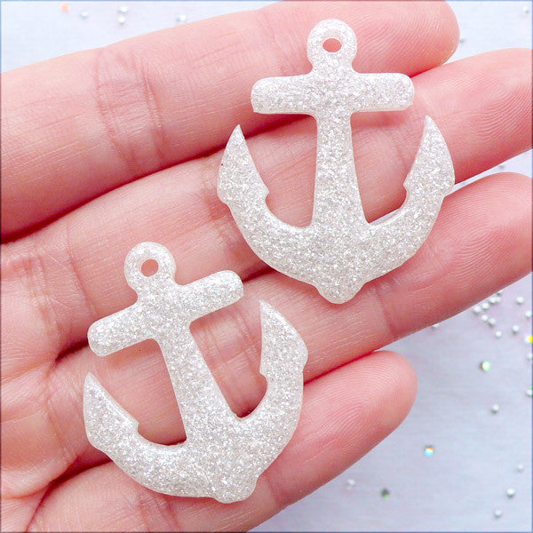 Glittery Anchor Charms, Anchor Pendant with Glitter, Anchor Cabochon, MiniatureSweet, Kawaii Resin Crafts, Decoden Cabochons Supplies