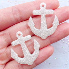 Glittery Anchor Charms | Anchor Pendant with Glitter | Anchor Cabochons | Kawaii Resin Charms | Decoden Pieces | Nautical Phone Case | Kistch Jewelry Making (2 pcs / White / 27mm x 32mm / Flat Back)