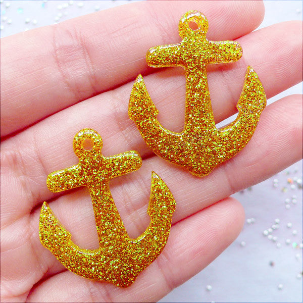 Glitter Anchor Charms | Nautical Anchor Pendant | Resin Anchor Cabochons | Kawaii Decoden Supplies | Glittery Cell Phone Deco | Kistch Jewellery Making (2 pcs / Gold / 27mm x 32mm / Flat Back)