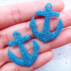 CLEARANCE Resin Anchor Charms | Glitter Anchor Pendant | Anchor Cabochons | Kawaii Crafts | Glittery Decoden Cabochon | Phone Decoration | Nautical Embellishments | Kistch Jewellery DIY (2 pcs / Blue / 27mm x 32mm / Flat Back)