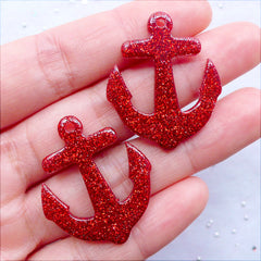 CLEARANCE Kawaii Charms | Anchor Resin Pendant with Glitter  | Glittery Nautical Cabochons | Phone Case Decoden | Card Making | Party Decoration (2 pcs / Red / 27mm x 32mm / Flat Back)