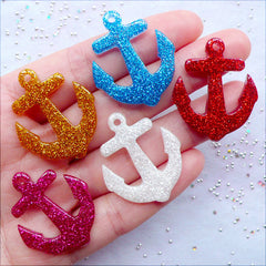 CLEARANCE Glittery Anchor Cabochon Charms | Kawaii Resin Pendant with Glitter | Nautical Jewellery Making | Decoden Cabochons | Phone Case Deco | Scrapbooking | Party Supplies (5 pcs / Assorted Mix / 27mm x 32mm / Flat Back)
