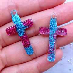 Resin Cross Charms | Glittery Cross Pendant | Cross Cabochon with Glitter | Religion Decoden Pieces | Kawaii Crafts | Harajuku Kei Jewelry Making | Cell Phone Case Deco (2 pcs / Magenta & Blue / 19mm x 33mm / Flat Back)