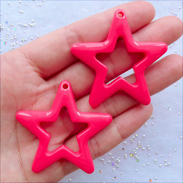 CLEARANCE Big Star Charms | Resin Star Pendant | Kawaii Kitsch Jewelry Making | Decora Kei Decoration | Harajuki Kei & Pop Kei Supplies (2 pcs / Dark Pink / 46mm x 44mm / Flat Back)