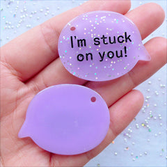 Glittery Resin Charms | I Am Stuck On You Speech Bubble Pendant with Glitter | DIY Valentine's Day Gift for Him | Kawaii Decoden Cabochon | Scrapbooking Embellishments (2 pcs / Purple / 40mm x 30mm / Flat Back)