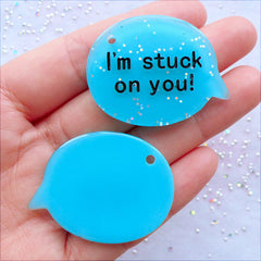 CLEARANCE I Am Stuck On You Charms | Glittery Word Pendant | Resin Speech Bubble Cabochon with Glitter | Gift for Boyfriend | Valentines Day Gift Making | Card Making | Kawaii Phone Case | Decoden Supplies (2 pcs / Aqua Blue / 40mm x 30mm / Flat Back)
