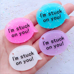I'm Stuck On You Cabochons | Glitter Bubble Speech Pendant | Glittery Word Charm | Message Jewelry DIY | Valentines Day Decoden | Kawaii Keychain Making | Kitsch Resin Pieces (4 pcs / Assorted Mix / 40mm x 30mm / Flat Back)