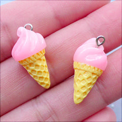 Kawaii Charms | 3D Ice Cream Charm | Miniature Sweets Resin Pendant | Fake Dessert Jewelry | Mini Food Craft | Kawaii Phone Charm Making | Pastel Kei Jewellery DIY (2 pcs / Pink / 10mm x 21mm)