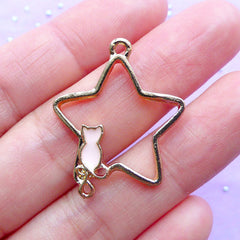 Mahou Kei Open Back Bezel | Kawaii Star and Kitty Charm | UV Resin Craft Supplies | Star Deco Frame (1 piece / Gold & Pink / 24mm x 29mm)