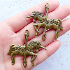 Carousel Unicorn Charm Connector | Large Unicorn Pendant | Animal Horse Charm | Merry Go Round Jewellery Making | Fantasy Jewelry DIY | Fairytale Charm | Jewelry Craft Supplies (2 pcs / Antique Bronze / 44mm x 43mm / 2 Sided)
