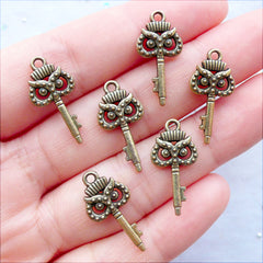 Mini Animal Key Charms | Bronze Owl Head Key Pendant | Tiny Skeleton Key Charm | Zakka Steampunk Jewellery | Bird Charm | Key Charm Bracelet Making (6 pcs / Antique Bronze / 10mm x 21mm / 2 Sided)