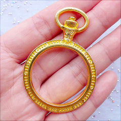 Pocket Watch Open Bezel Charm | Round Pocketwatch Pendant | Hollow Charm | Outline Pendant | Epoxy Resin Filling | UV Resin Art | Kawaii Jewelry Making (1 piece / Yellow Gold / 38mm x 56mm / 2 Sided)
