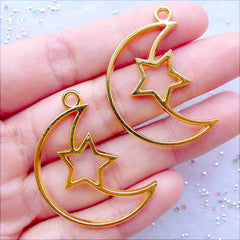 Crescent Moon and Star Open Bezel Charm | Hollow Star Moon Pendant | Outline Charm for UV Resin Filling | Epoxy Resin Craft Supplies | Kawaii Jewellery Making (2pcs / Gold / 25mm x 36mm)