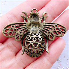 Honey Bee Charm | Large Fly Charm | Big Insect Pendant | Filigree Hollow Fruit Bug Charm | Creepy Insect Jewellery | Necklace Making | Bag Charm DIY (1 piece / Antique Bronze / 51mm x 40mm)