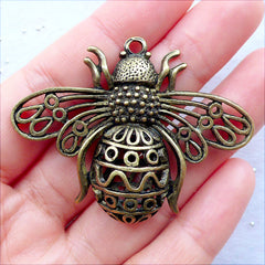 Honey Bee Charm | Large Fly Charm | Big Insect Pendant | Filigree Hollow Fruit Bug Charm | Creepy Insect Jewellery | Necklace Making | Bag Charm DIY (1 piece / Antique Bronze / 51mm x 40mm)