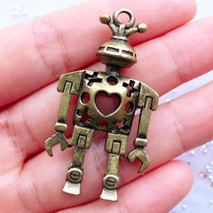Heart Robot Charm in 3D | Hollow Robot Pendant | Vintage Mechanical Toy Charm | Steampunk Charm | Sci Fi Jewellery | Keychain Making (1 piece / Antique Bronze / 27mm x 18mm / 2 Sided)