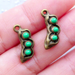 Small Pea Charms | Miniature 3D Peas in a Pod Pendant | Mini Green Pea Enamel Charm | Vegetable Charm | Food Jewellery Making | Charm Bracelet DIY (2pcs / Antique Bronze / 7mm x 17mm)
