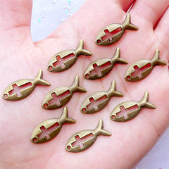 Fish Cross Charms | Holy Fish Pendant | Ichthus Charm | Ichthys Charms | Jesus Fish Symbol Charm | Religion Charms | Faith Charm | Christian Jewellery | Catholic Jewelry | Baptism Gift Making (10pcs / Antique Bronze / 9mm x 21mm)