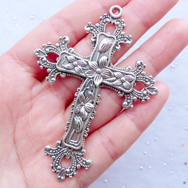 Large Cross Charm with Filigree Flower Pattern | Decorative Cross Pendant | Big Floral Cross Charm | Religion Charm Necklace | Christian Charm 