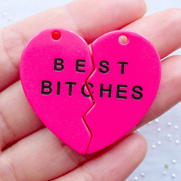 Best Bitches Resin Charms | Best Bitch Heart Pendant | Friendship Charm | BFF Charms | Kawaii Broken Heart Charm | Girl Power Decoden Cabochon | Best Friend Jewellery (2pcs / Dark Pink / 21mm x 36m / Flat Back)