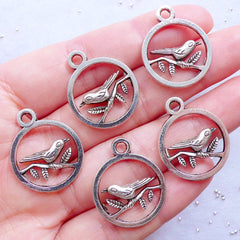 CLEARANCE Round Humming Bird on a Branch Tag Charms | Hollow Hummingbird Pendant | Animal Charm | Nature Jewellery Making (5 pcs / Tibetan Silver / 20mm x 24mm / 2 Sided)