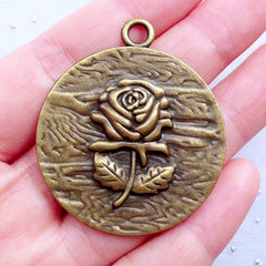 Large Rose Tag Charm | Big Flower Pendant | Floral Jewellery Making | Rose Necklace | Zakka Supplies | Keychain Charm | Planner Charm DIY (1 piece / Antique Bronze / 38mm x 45mm)