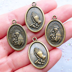 Saint Anthony of Padua Medal Charms | St Anthony of Lisbon Pendant | Pray for Us Charm | Religion Charm | Catholic Jewellery Making (4pcs / Antique Bronze / 16mm x 26mm / 2 Sided)