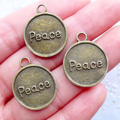 CLEARANCE Peace Tag Charms | Round Peace Pendant | Inspirational Charms | Love Charm | Word Charm | Zipper Pull Charm Making | Bookmark Charm DIY (3pcs / Antique Bronze / 18mm x 22mm / 2 Sided)