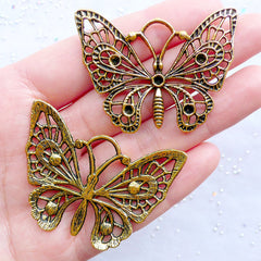 Gold Butterfly Charms | Filigree Butterfly Pendant | Huge Insect Jewellery | Nature Charm Necklace | Hand Bag Charm DIY | Earrings Making (2pcs / Antique Gold / 48mm x 37mm)