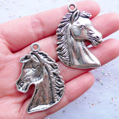 Silver Horse Head Charms | Horse Pendant | Animal Charm | Equestrian Charm | Horse Racing Jewellery DIY | Necklace Making | Bag Charm (2pcs / Tibetan Silver / 28mm x 41mm)